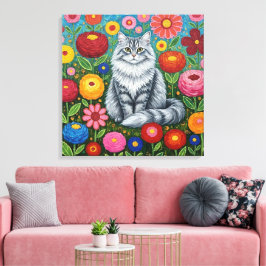 Fluffy Gray Striped Cat with Folk Art Flowers Leinwanddruck