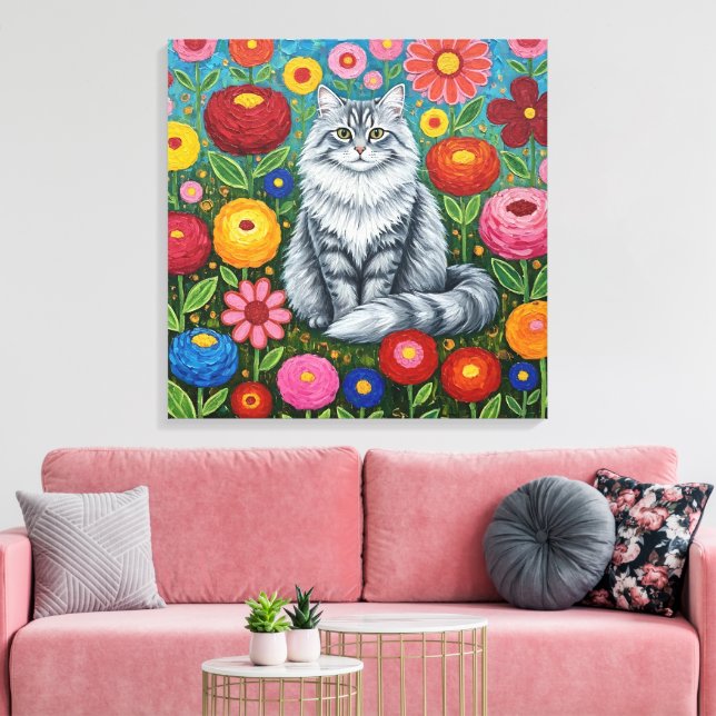 Fluffy Gray Striped Cat with Folk Art Flowers Leinwanddruck (Insitu (Wohnzimmer))