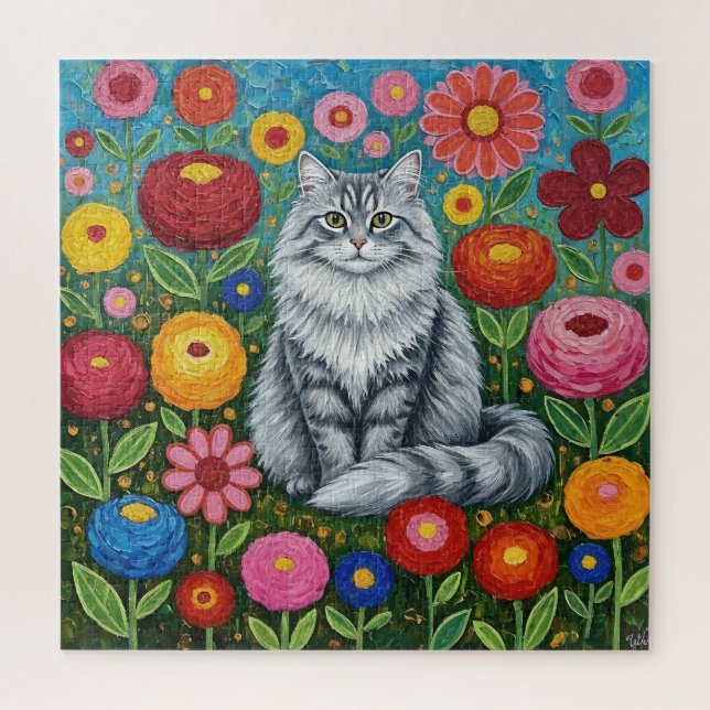 Fluffy Gray Striped Cat with Folk Art Flowers Puzzle (Vertikal)
