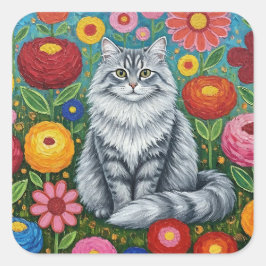 Fluffy Gray Striped Cat with Folk Art Flowers Quadratischer Aufkleber