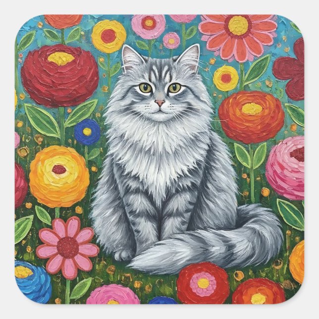 Fluffy Gray Striped Cat with Folk Art Flowers Quadratischer Aufkleber (Vorderseite)