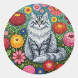 Fluffy Gray Striped Cat with Folk Art Flowers Runder Aufkleber
