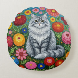 Fluffy Gray Striped Cat with Folk Art Flowers Rundes Kissen