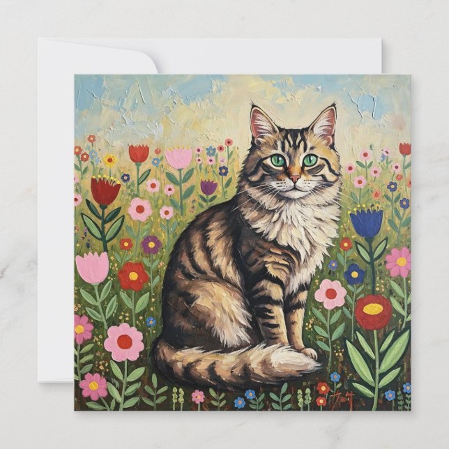 Fluffy Gray Tabby Cat and Folk Art Blume (Vorderseite)