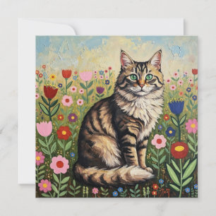 Fluffy Gray Tabby Cat and Folk Art Blume