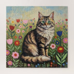 Fluffy Gray Tabby Cat and Folk Art Flowers Puzzle<br><div class="desc">Gray striped  cat sitting in a patch of colorful folk art flowers. Cute gray striped cat puzzle  for cat lovers.</div>