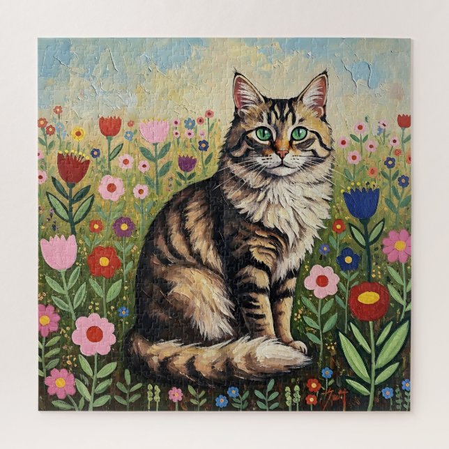 Fluffy Gray Tabby Cat and Folk Art Flowers Puzzle (Vertikal)