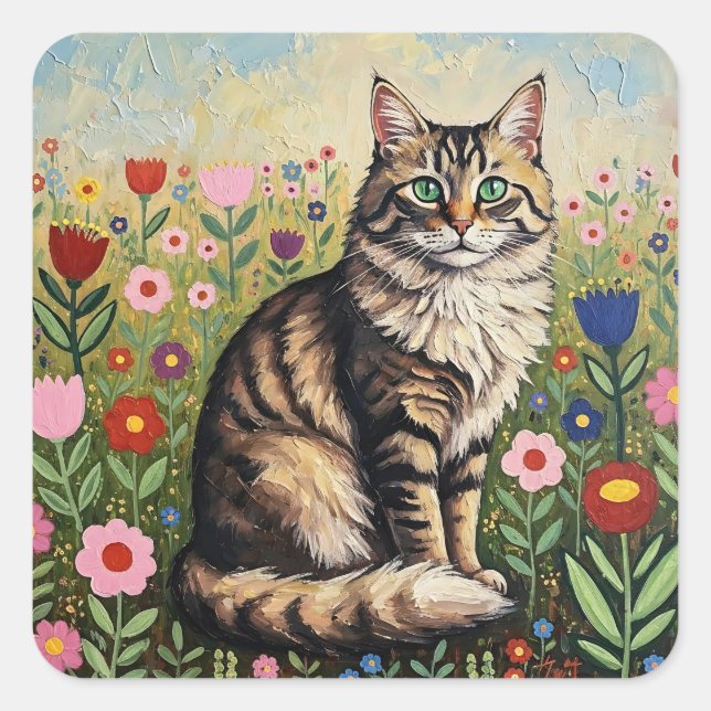 Fluffy Gray Tabby Cat and Folk Art Flowers Quadratischer Aufkleber (Vorderseite)