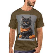 Fluffy Grey Halloween Cat Brown T - Shirt