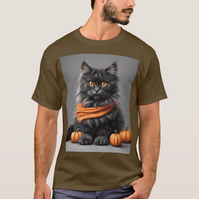 Fluffy Grey Halloween Cat Brown T - Shirt (Vorderseite)