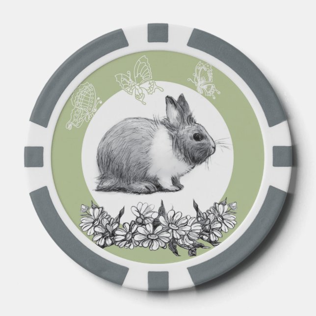 Fluffy Hare mit Schmetterlingen auf grünem Hinterg Pokerchips (Vorderseite)