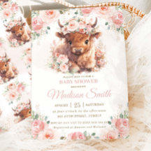 Fluffy Highland Cow Pink Blush Floral Baby Dusche