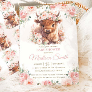 Fluffy Highland Cow Pink Blush Floral Baby Dusche Einladung