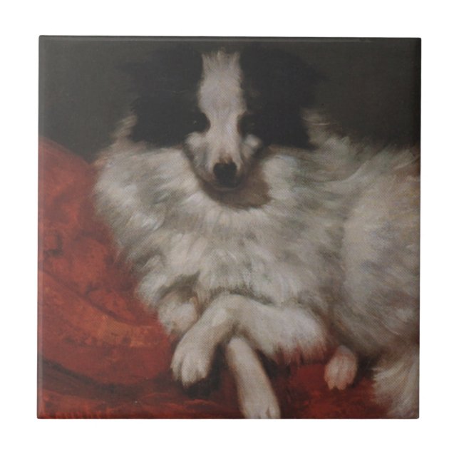Fluffy Hund sitzend auf einem Kissen (Gustave Cour Fliese (Vorderseite)