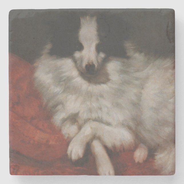 Fluffy Hund sitzend auf einem Kissen (Gustave Cour Steinuntersetzer (Vorderseite)