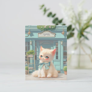 Fluffy Kitten mit Blue Bow im Konditorladen Ankündigungspostkarte