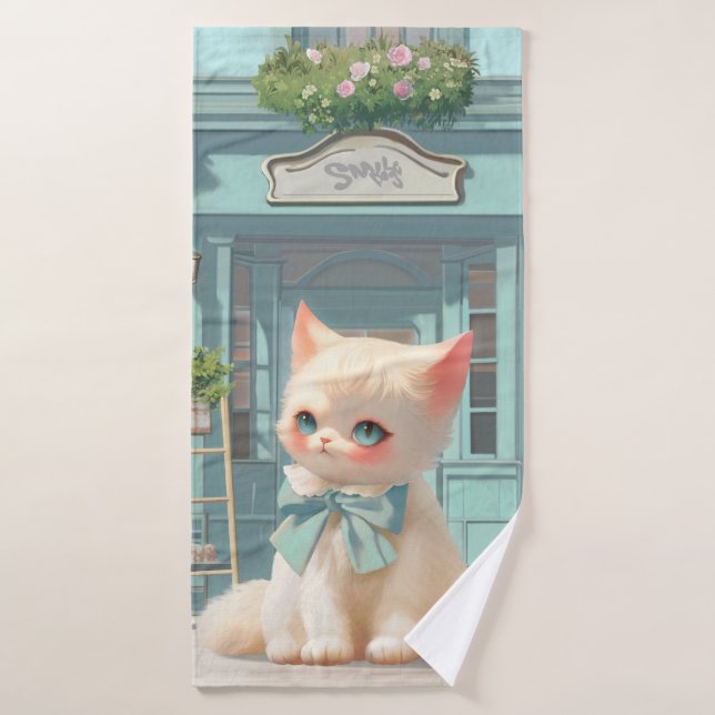 Fluffy Kitten mit Blue Bow im Konditorladen Badhandtuch Set (Badehandtuch)
