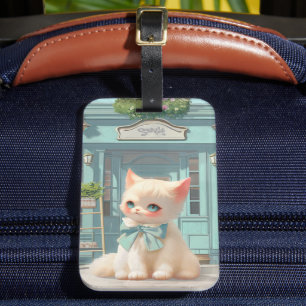 Fluffy Kitten mit Blue Bow im Konditorladen Gepäckanhänger