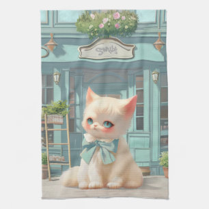 Fluffy Kitten mit Blue Bow im Konditorladen Geschirrtuch