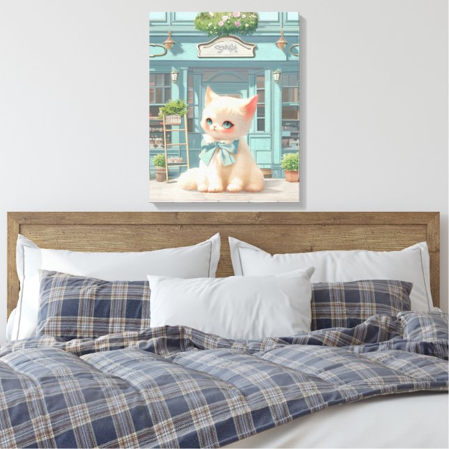 Fluffy Kitten mit Blue Bow im Konditorladen Leinwanddruck (Insitu (Schlafzimmer))