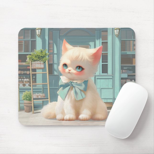 Fluffy Kitten mit Blue Bow im Konditorladen Mousepad (Mit Mouse)