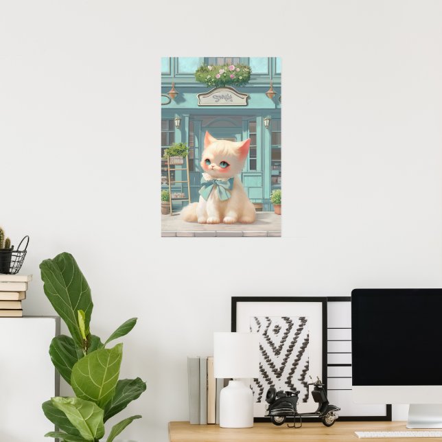 Fluffy Kitten mit Blue Bow im Konditorladen Poster (Heimbüro)
