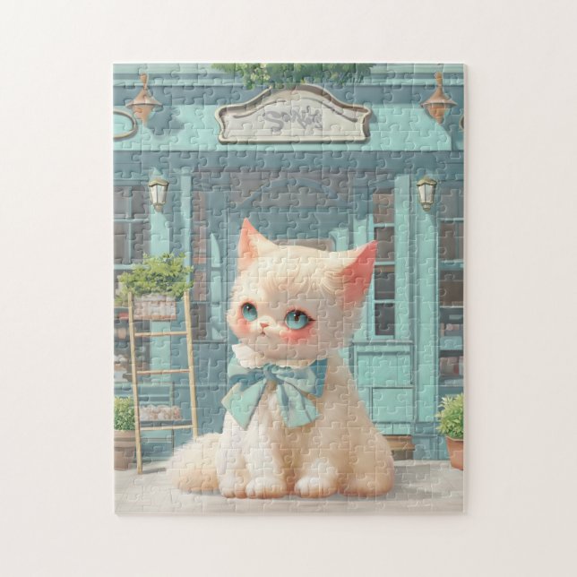 Fluffy Kitten mit Blue Bow im Konditorladen Puzzle (Vertikal)