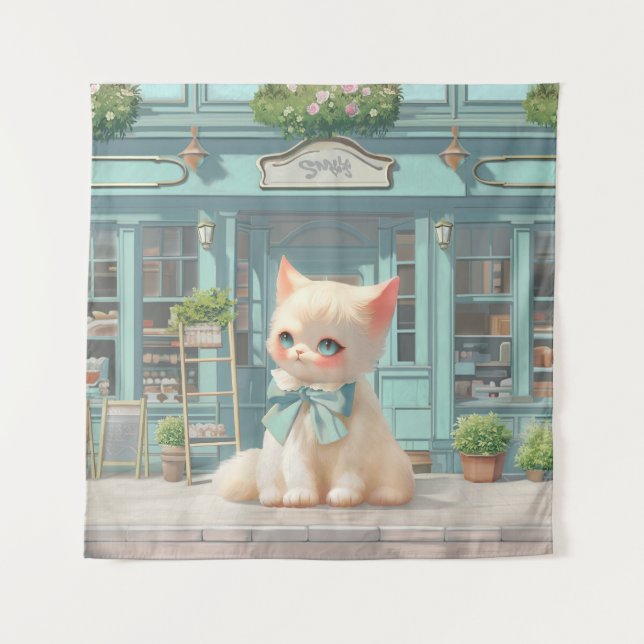 Fluffy Kitten mit Blue Bow im Konditorladen Wandteppich (Vorderseite)
