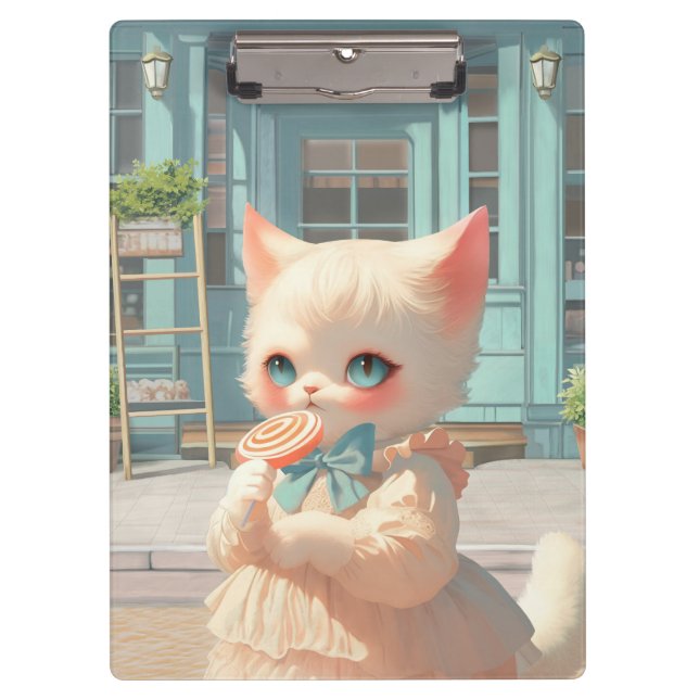 Fluffy Kitten mit Lollipop im Konditorei Shop Klemmbrett (Vorderseite)