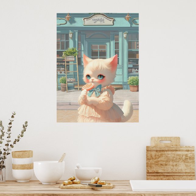 Fluffy Kitten mit Lollipop im Konditorei Shop Poster (Küche)