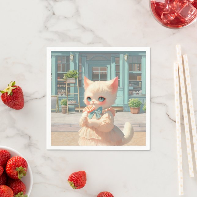 Fluffy Kitten mit Lollipop im Konditorei Shop Serviette (Beispiel)