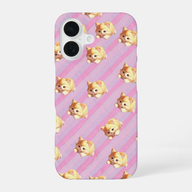 Fluffy Kitten Pink Stripe Phone Case iPhone 16 Hülle (Rückseite)
