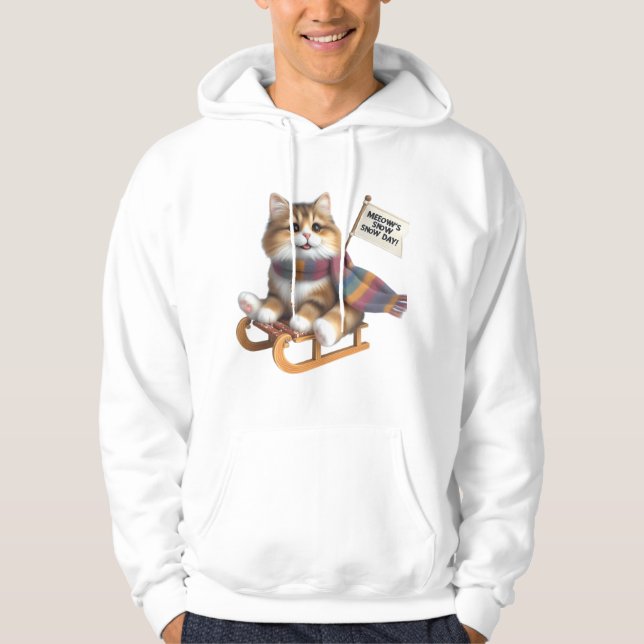 ​Fluffy Kitten Snow Day on Sled, Cute Cat in Scarf Hoodie (Vorderseite)