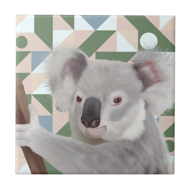 Fluffy Koala Green Geometric Background Fliese (Vorderseite)
