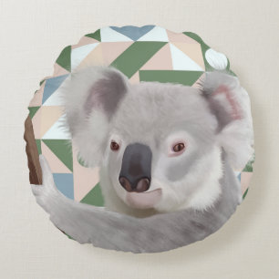Fluffy Koala Green Geometric Background Rundes Kissen