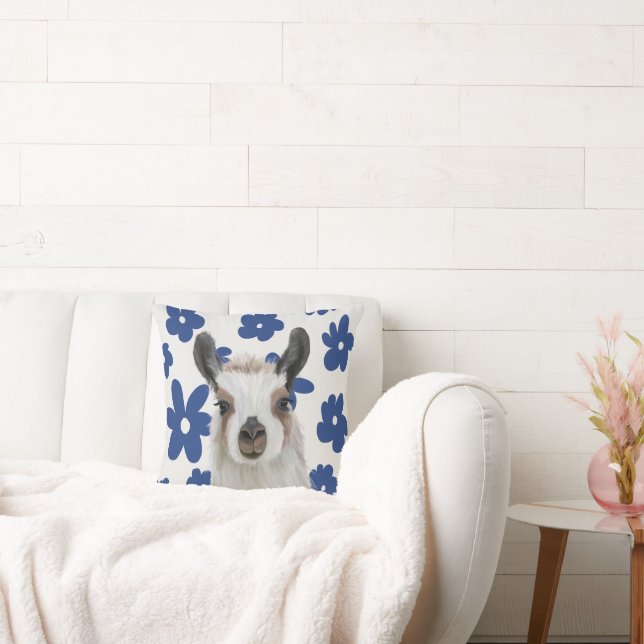 Fluffy Llama Blue Retro Blume Kissen (Liege)