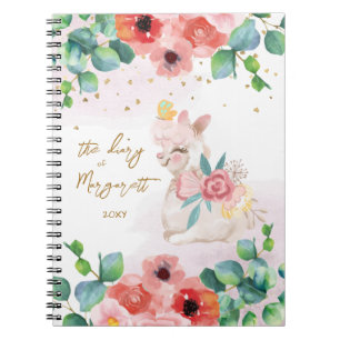 Fluffy Llama Illustration Flowers Girl Daily Diary Notizblock