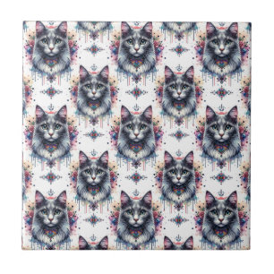 Fluffy Long Hair Gray und White Tuxedo Cat Fliese