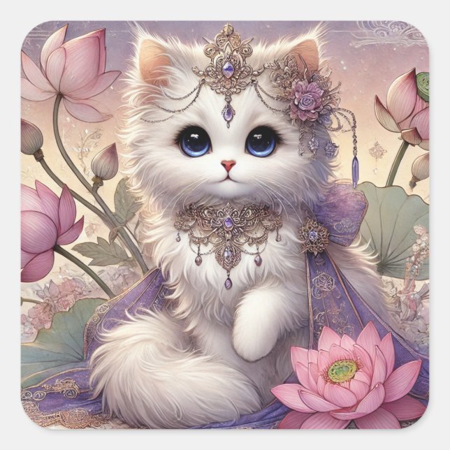 Fluffy Lotus Princess Cat Quadratischer Aufkleber (Vorderseite)