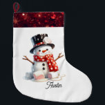Fluffy Marshmallow Snowman Großer Weihnachtsstrumpf<br><div class="desc">Stellen Sie sich einen herrlichen Weihnachtsschneemann mit einem niedlichen, flauschigen Schneemann vor, der aus Marshmallows gefertigt wurde. Rund um seine Basis scheinen Marshmallows mit rosa Mittelpunkten zu schmelzen. Er hat einen Tophut und einen Polka-gepunkteten Schal. Der Strumpf ist mit einem Rand vollendet, der glitzernden Glitzer in einem kräftigen Rot nachahmt...</div>