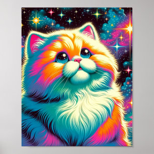 Fluffy Orange Pink Cat im Weltraum Poster