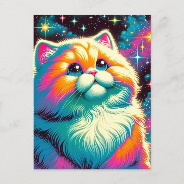 Fluffy Orange Pink Cat im Weltraum Postkarte (Vorderseite)