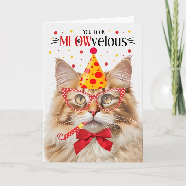 Fluffy Orange Tabby Cat MEOWvelous Birthday Karte (Vorderseite)