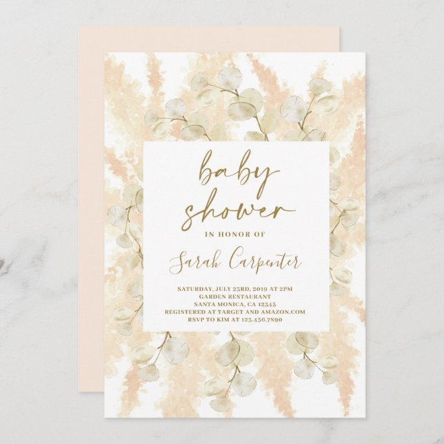 Fluffy Pampas lunaria Babydusche Einladung (Vorne/Hinten)