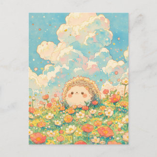 Fluffy Peach Cloud Kawaii Hedgehog Meadow Postkarte
