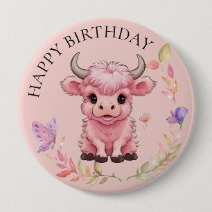 Fluffy Pink Highlands Scottish Cow Button