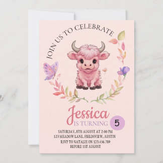 Fluffy Pink Highlands Scottish Cow Einladung