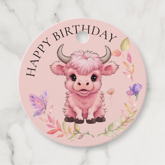 Fluffy Pink Highlands Scottish Cow Geschenkanhänger (Vorderseite)