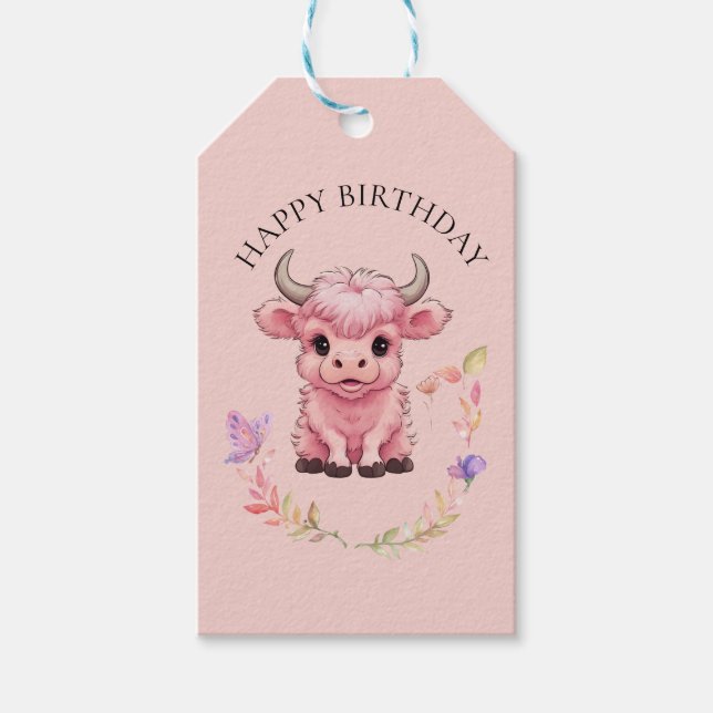 Fluffy Pink Highlands Scottish Cow Geschenkanhänger (Vorderseite)