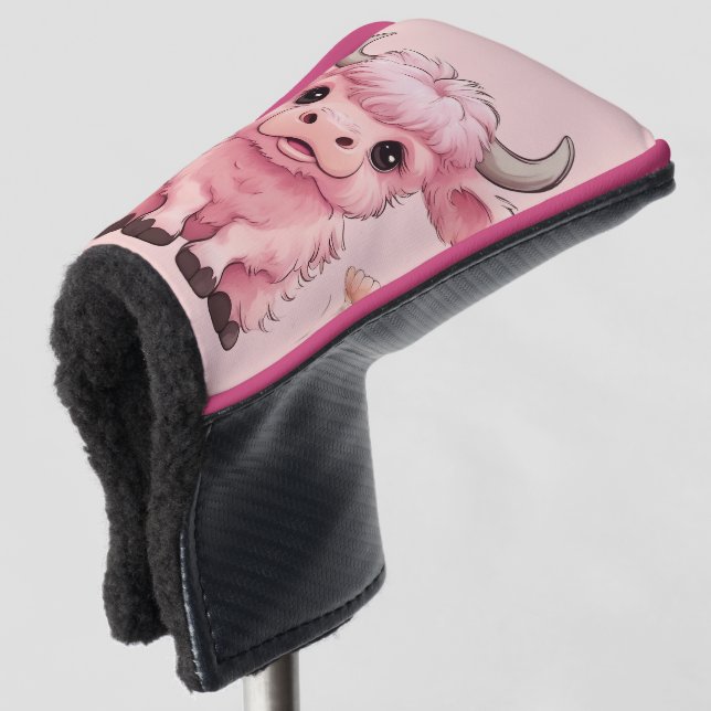 Fluffy Pink Highlands Scottish Cow Golf Headcover (3/4 Vorderseite)